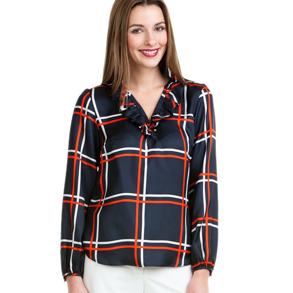 Elizabeth McKay Silk Navy Blue & Orange Plaid Ruffle Collar Blouse - 6